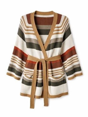Old Navy Striped Belted Cardigan Sweater XL Neutral Boho Chic Cozy Casual Earthy